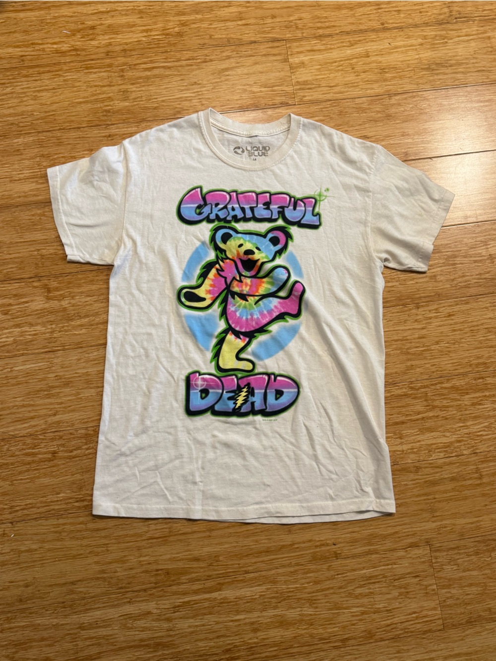 Liquid blue Cream Grateful Dead tie dye airbrush bear style graphic t-shirt